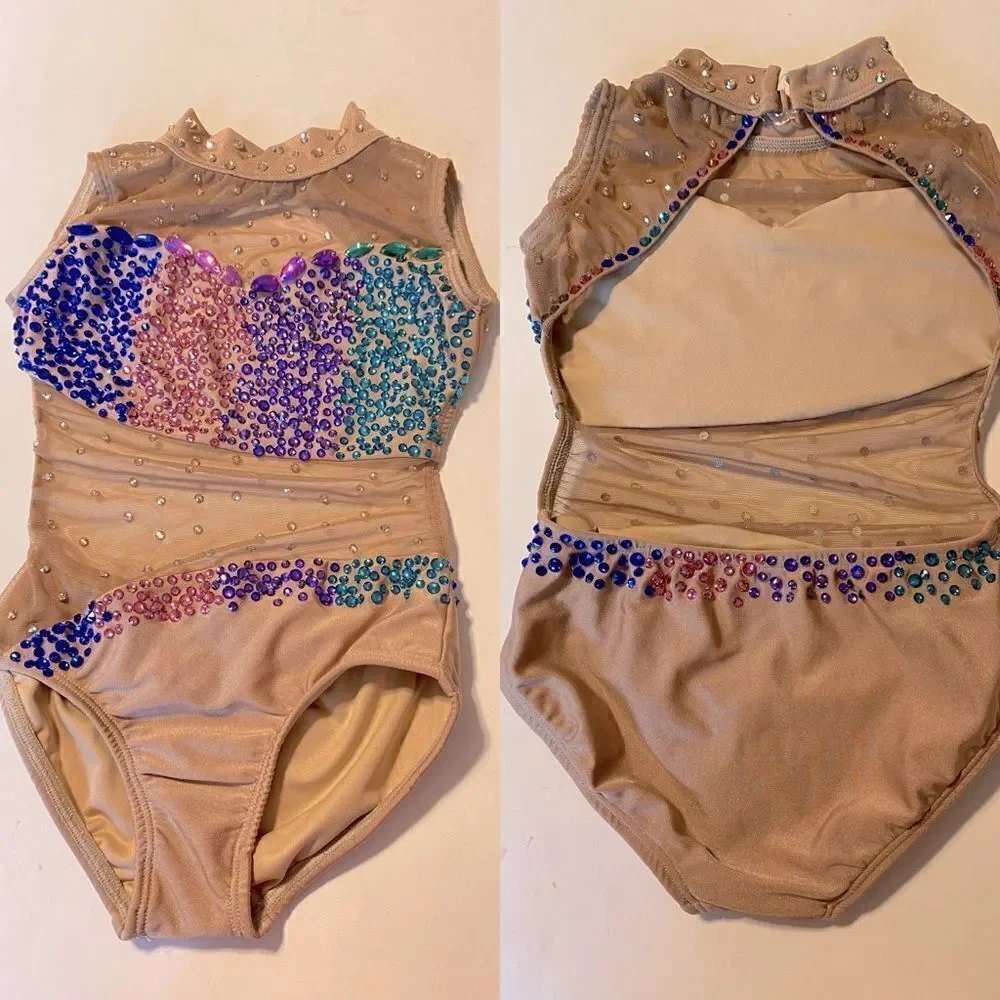 AA dance design costume solo tan beige nude illusion custom rhinestone ombre S